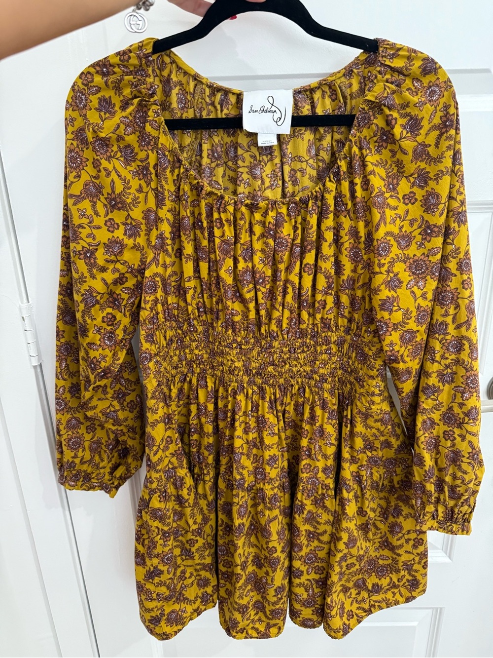 Sam Edelman Lora mini dress in a golden spring olive floral print